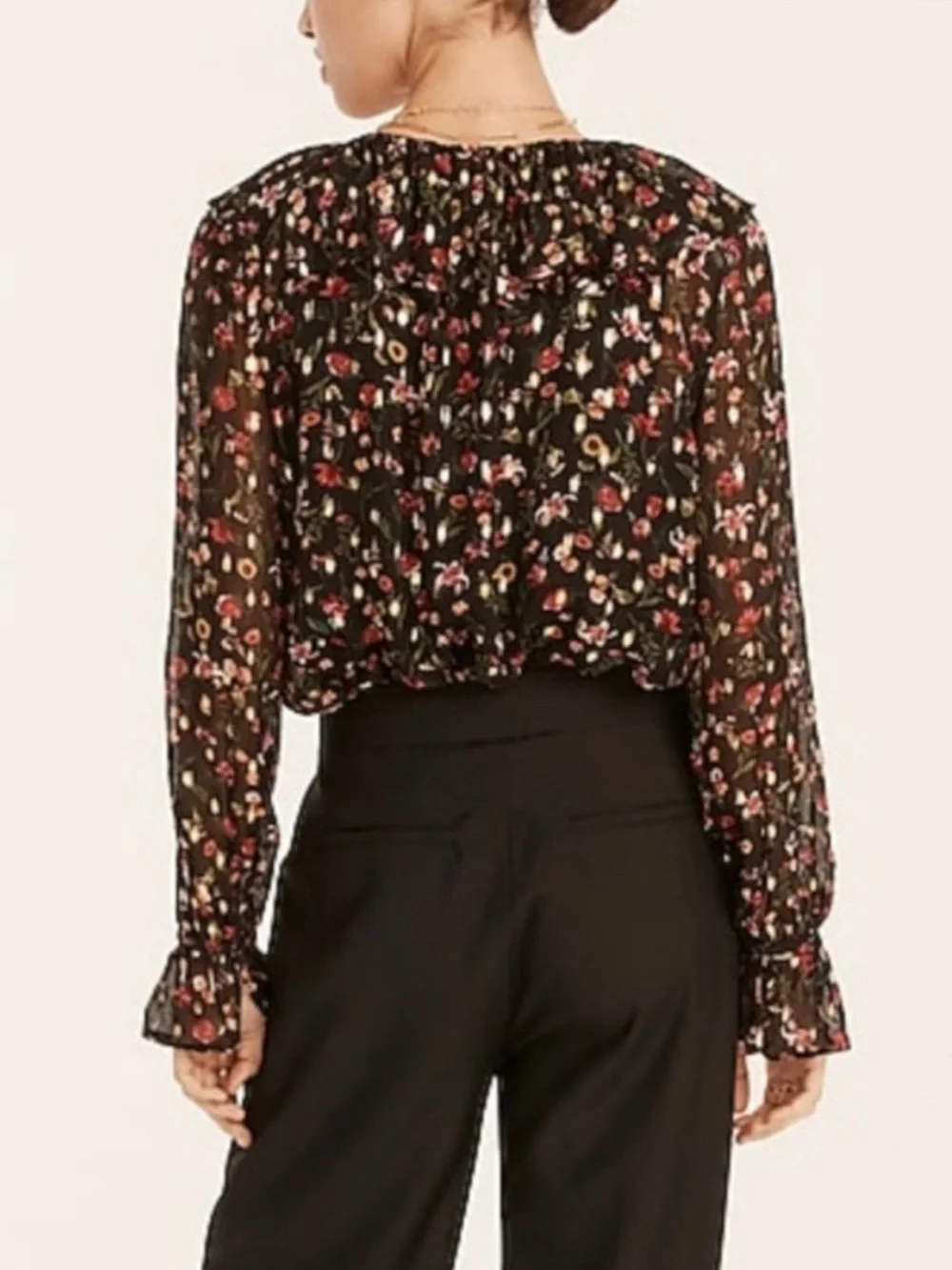 J. Crew Black Sheer Floral Ruffle-Neck Blouse